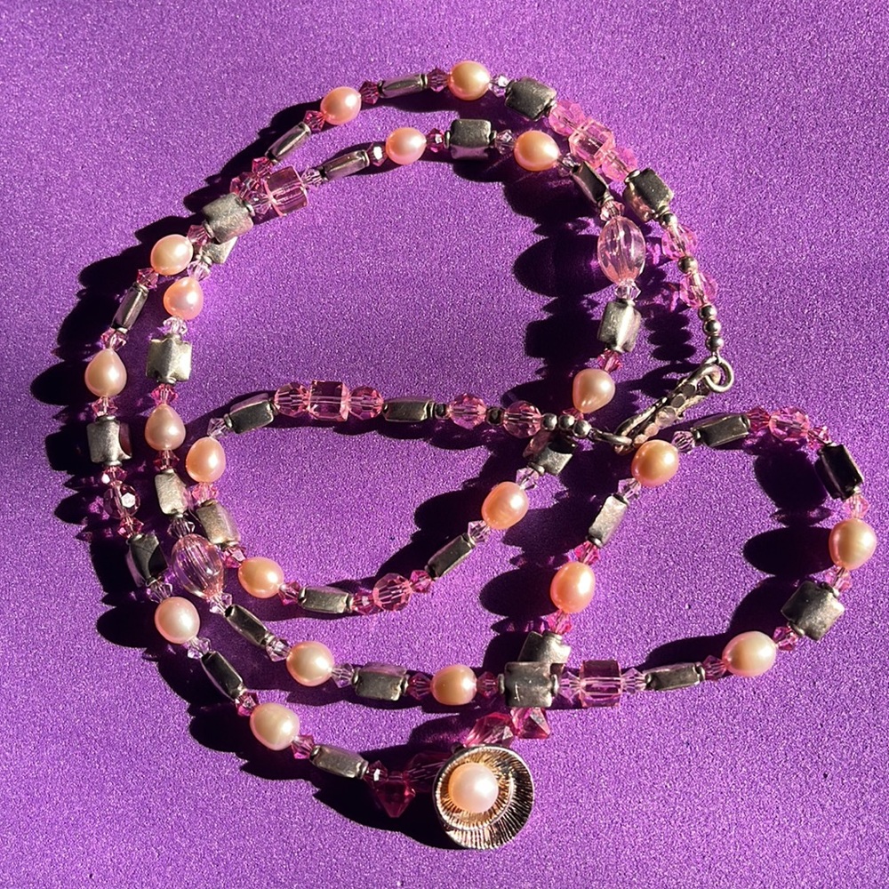 Sterling Silver .925 Crystal & Natural Pearl Necklace